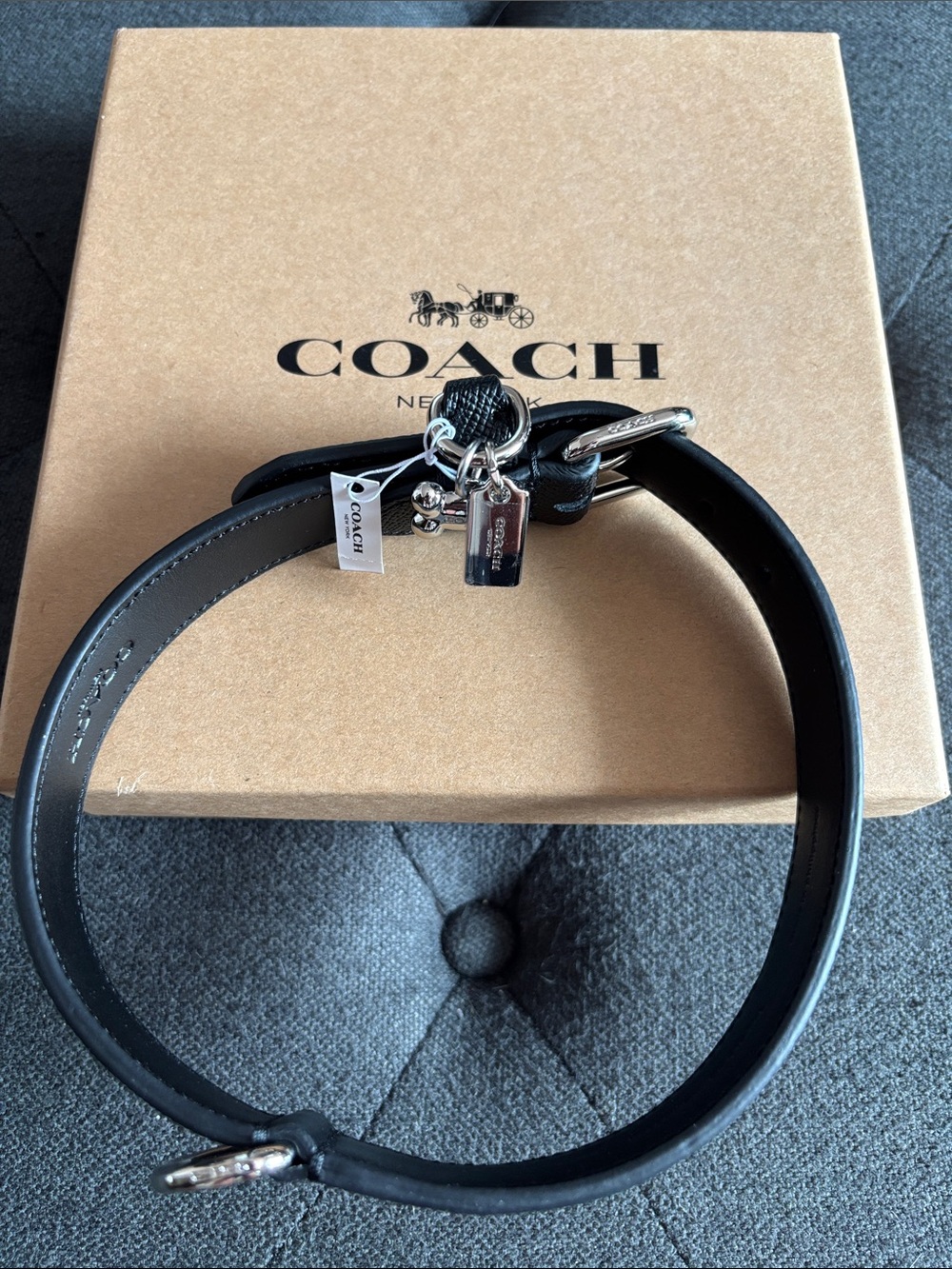 Coach Black Leather Dog Collar with Silver-Tone Logo Charms
